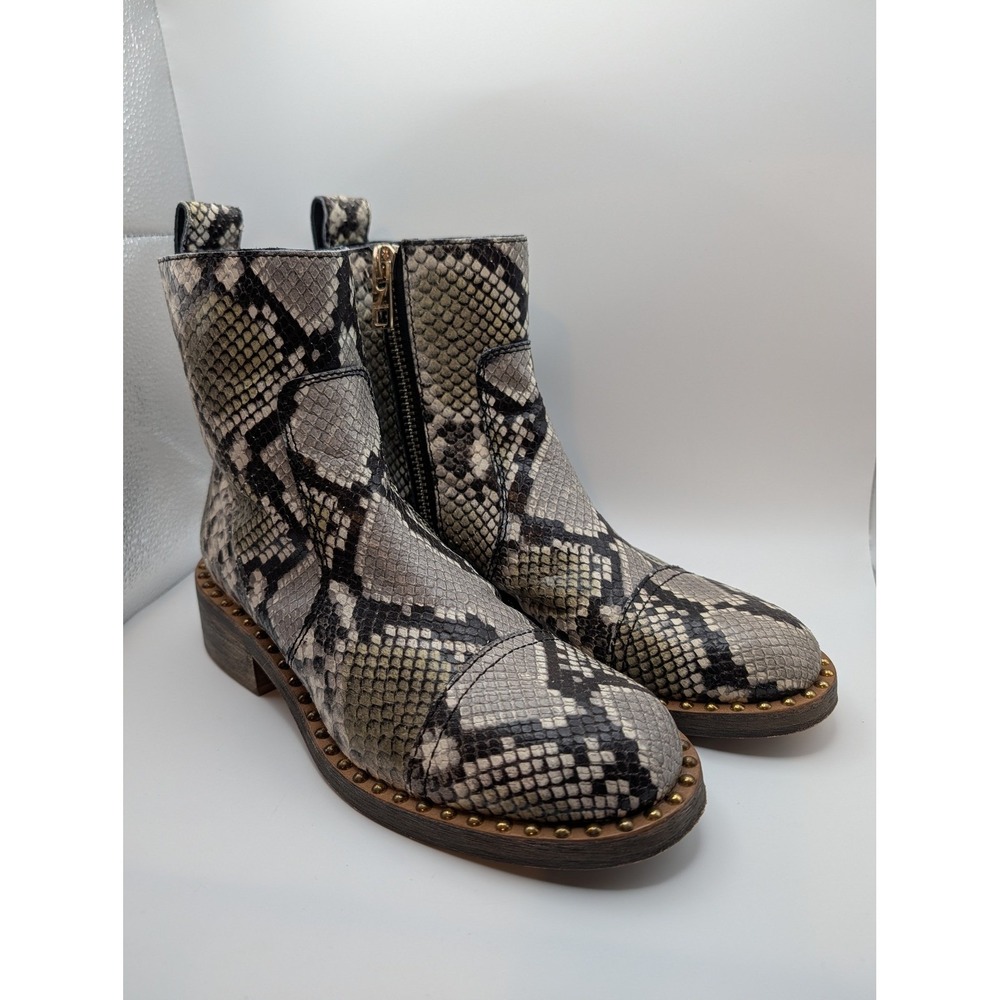 Zadig & Voltaire Snake Print Leather Studded Ankle Boots Grey Black Size 37